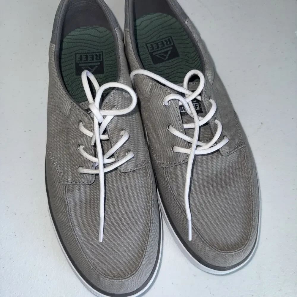 Reef Deckhand 3 Boat Shoes Mens 9 Gray Canvas Lace Up Casual Comfort Sneakers